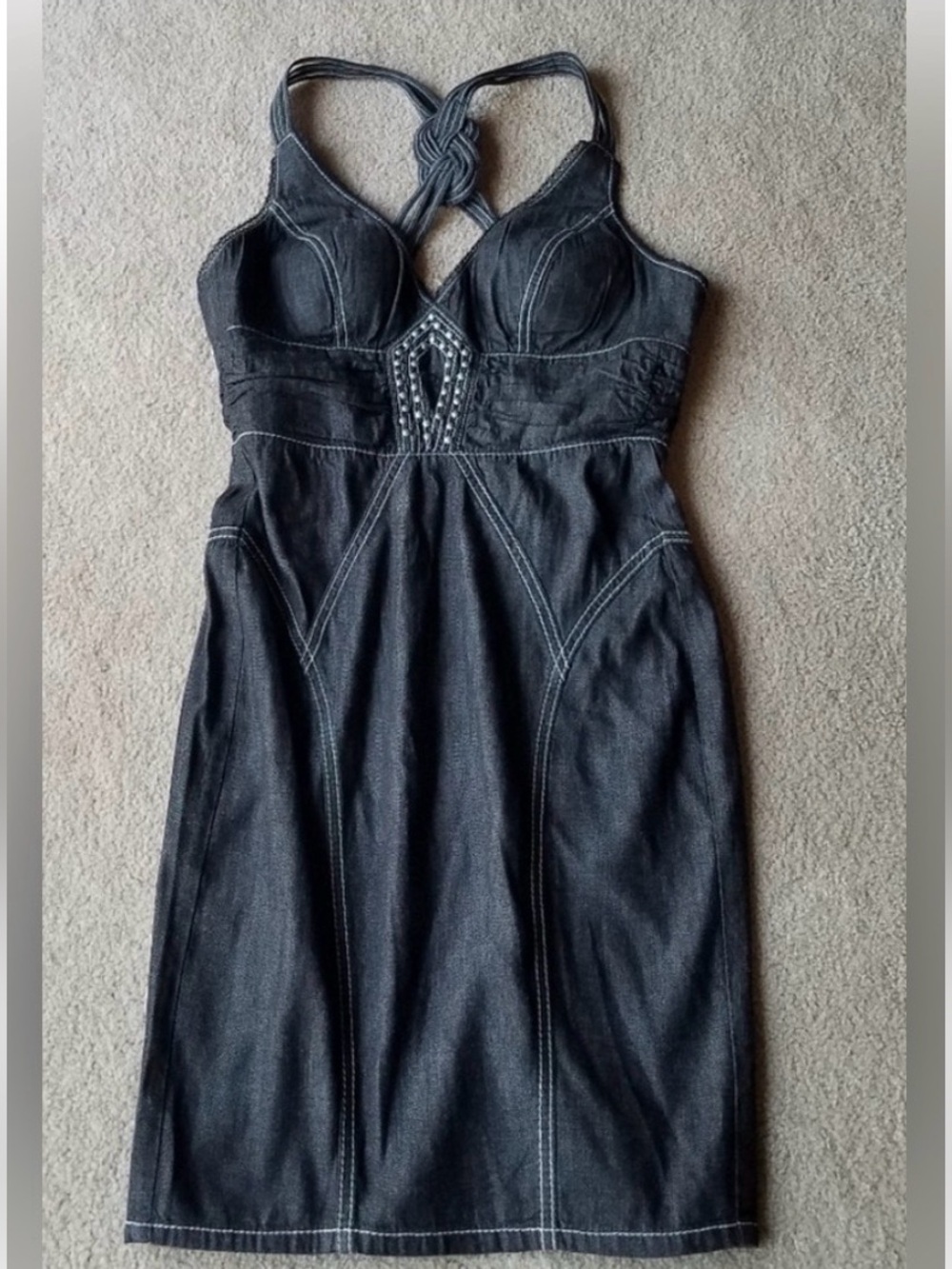 XOXO Black Halter Denim Dress Stud Detail Braided Back Mini Dress NWOT